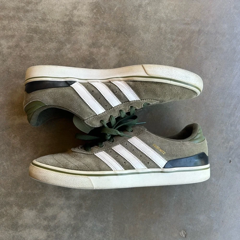 adidas Olive Green Busenitz Suede skate Sneakers with White Stripes - Picture 2 of 6
